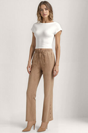 Paçası Düğmeli Krinkıl Kumaş Pantolon