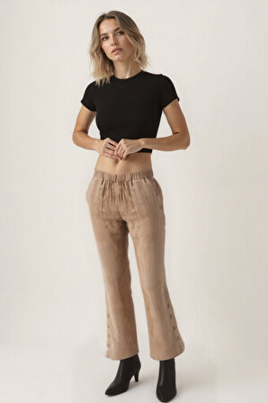 Paçası Düğmeli Krinkıl Kumaş Pantolon