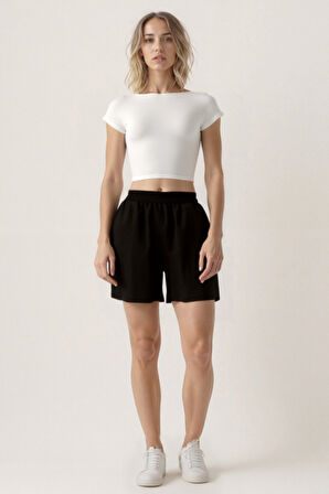 Beli Lastikli Krinkıl Kumaş Cepli Şort