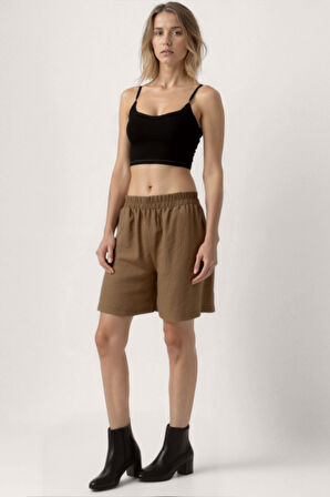 Beli Lastikli Krinkıl Kumaş Cepli Şort