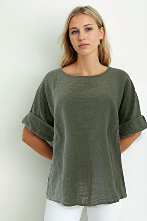 Geniş Yaka Yarım Kol Keten Bluz