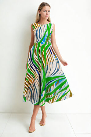 Kendinden Desenli Sıfır Kol Midi Elbise