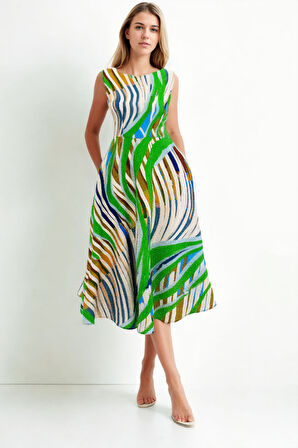 Kendinden Desenli Sıfır Kol Midi Elbise