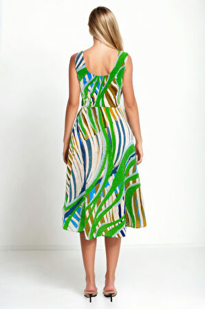 Kendinden Desenli Sıfır Kol Midi Elbise