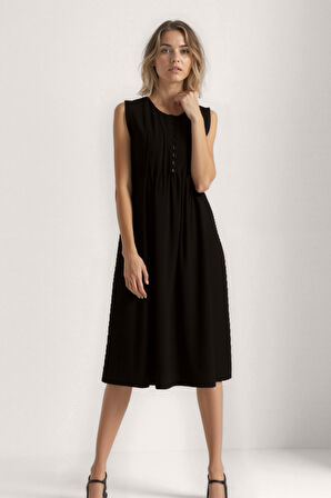 Önü Düğmeli Krinkıl Kumaş Sıfır Kol Elbise