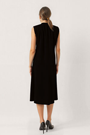 Önü Düğmeli Krinkıl Kumaş Sıfır Kol Elbise