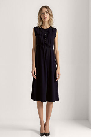 Önü Düğmeli Krinkıl Kumaş Sıfır Kol Elbise