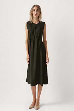 Önü Düğmeli Krinkıl Kumaş Sıfır Kol Elbise