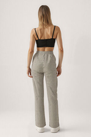 Beli Lastikli Kalın Çizgili Geniş Paça Pantolon