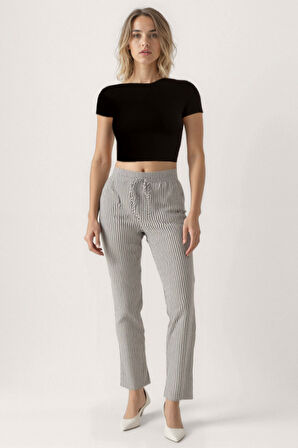 Beli Lastikli Kalın Çizgili Geniş Paça Pantolon