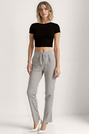 Beli Lastikli Kalın Çizgili Geniş Paça Pantolon