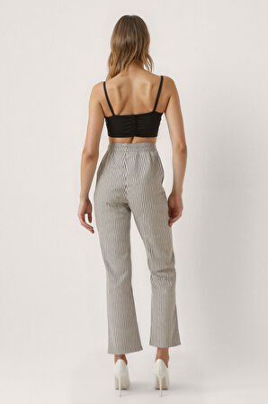 Beli Lastikli Kalın Çizgili Geniş Paça Pantolon