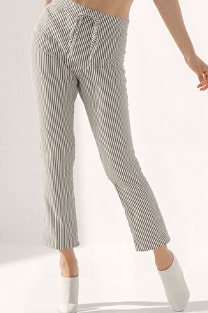 Beli Lastikli Kalın Çizgili Geniş Paça Pantolon