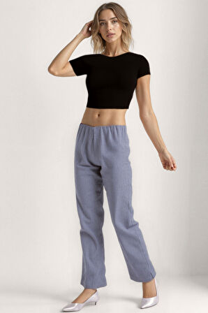 Beli Lastikli İnce Çizgili Geniş Paça Pantolon