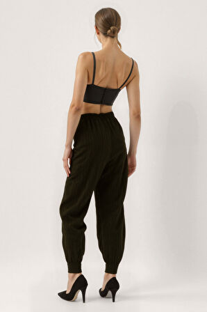 Kendinden Desenli Beli Lastikli Pileli Pantolon