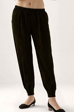 Kendinden Desenli Beli Lastikli Pileli Pantolon