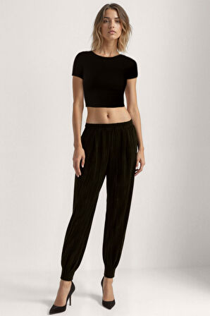 Kendinden Desenli Beli Lastikli Pileli Pantolon