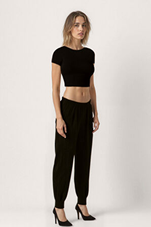 Kendinden Desenli Beli Lastikli Pileli Pantolon