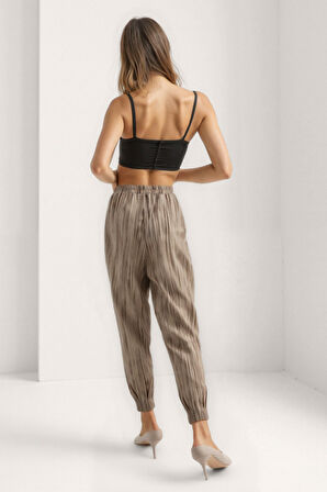 Kendinden Desenli Beli Lastikli Pileli Pantolon