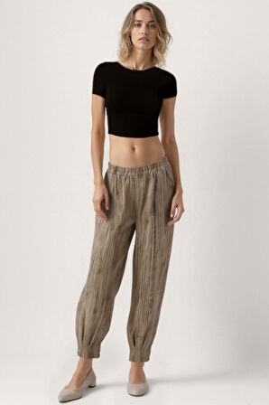 Kendinden Desenli Beli Lastikli Pileli Pantolon