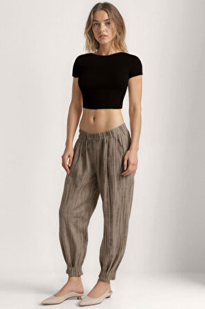 Kendinden Desenli Beli Lastikli Pileli Pantolon