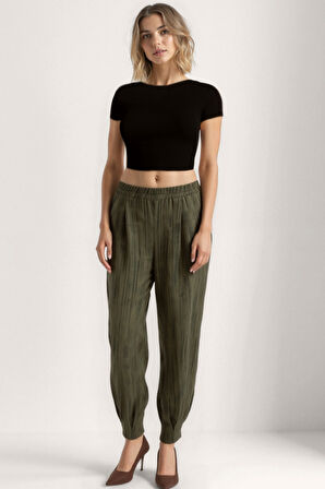 Kendinden Desenli Beli Lastikli Pileli Pantolon