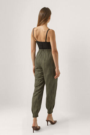 Kendinden Desenli Beli Lastikli Pileli Pantolon