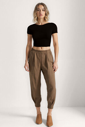 Kendinden Desenli Beli Lastikli Pileli Pantolon