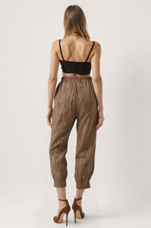 Kendinden Desenli Beli Lastikli Pileli Pantolon