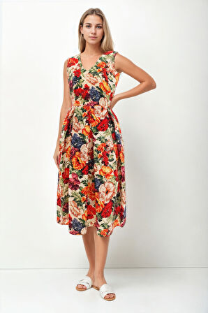 Çiçek Desen V Yaka Pileli Beli Bağlamalı Elbise