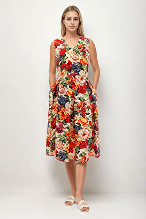 Çiçek Desen V Yaka Pileli Beli Bağlamalı Elbise