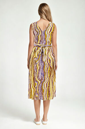 Kendinden Desenli V Yaka Pileli Elbise