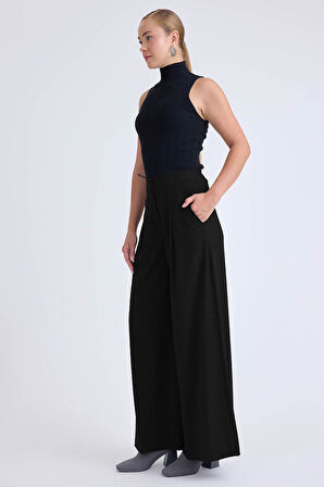 İki Düğme Beli Lastikli Pileli Pantolon