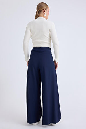 İki Düğme Beli Lastikli Pileli Pantolon