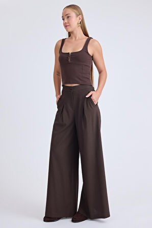 İki Düğme Beli Lastikli Pileli Pantolon