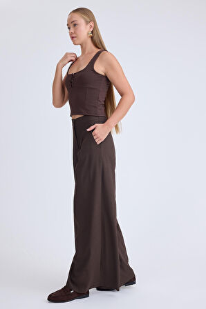 İki Düğme Beli Lastikli Pileli Pantolon