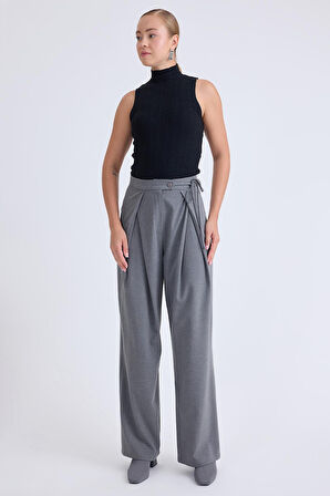 Beli Bağcıklı Geniş Paça Pantolon