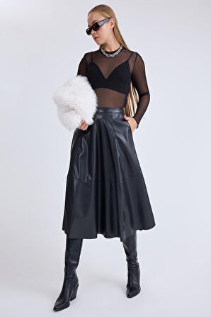 Midi Boy Parçalı Cepli Deri Etek