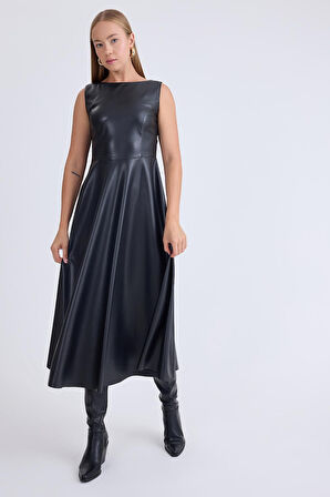 Sıfır Kol Midi Boy Deri Elbise