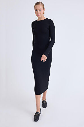 Yuvarlak Yaka Uzun Kol Kalem Elbise