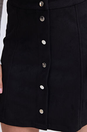Önü Düğmeli Mini Süet Etek