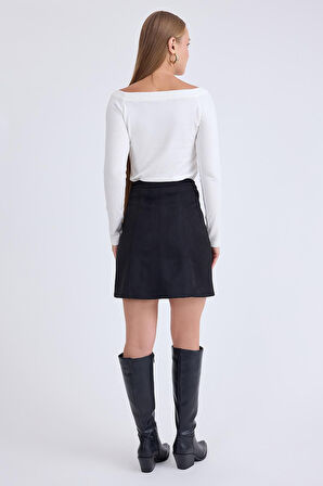 Önü Düğmeli Mini Süet Etek