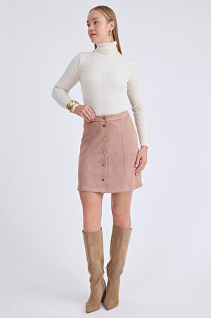 Önü Düğmeli Mini Süet Etek