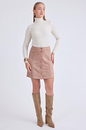 Önü Düğmeli Mini Süet Etek