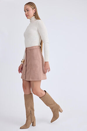 Önü Düğmeli Mini Süet Etek