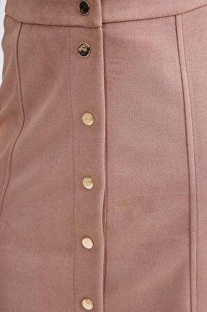 Önü Düğmeli Mini Süet Etek