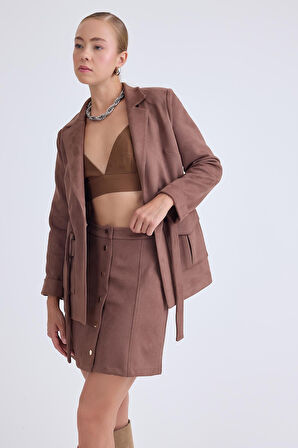 Önü Düğmeli Mini Süet Etek