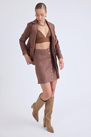 Önü Düğmeli Mini Süet Etek