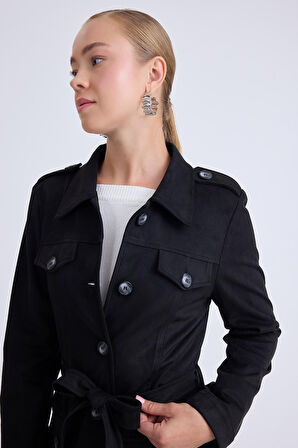 Beli Kuşaklı Düğmeli Süet Ceket