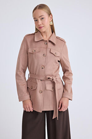 Beli Kuşaklı Düğmeli Süet Ceket